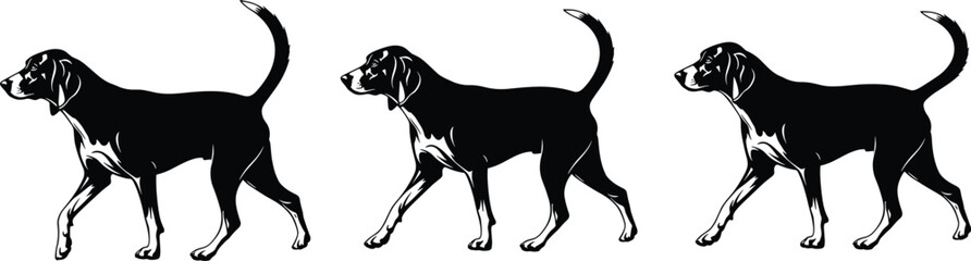 Black and white silhouette of three identical walking dogs in profile view, hound breed, seamless pattern, motion, repetition, pet design illustration