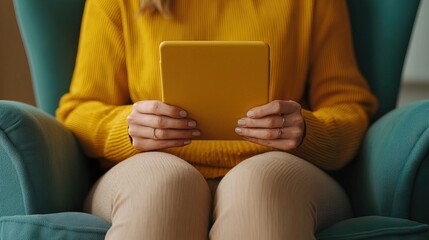 Woman using a budgeting app on her tablet, cozy armchair, personal financial management, relaxed, 