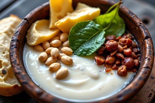 Closeup of Mozambican matapa in traditional bowl, featuring cassava leaves, peanuts, and coconut milk, natural daylight, Subject on the left, ample copy space on the right.