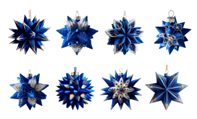 Set of 3D Blue Geometric Christmas Ornaments on Transparent Background. Christmas or New Year concept