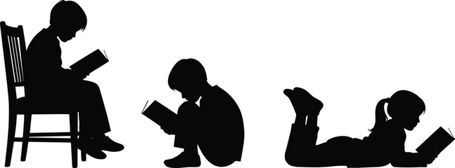 Black and white silhouettes of three children reading books in different positions, education and learning concept vector illustration for school and library