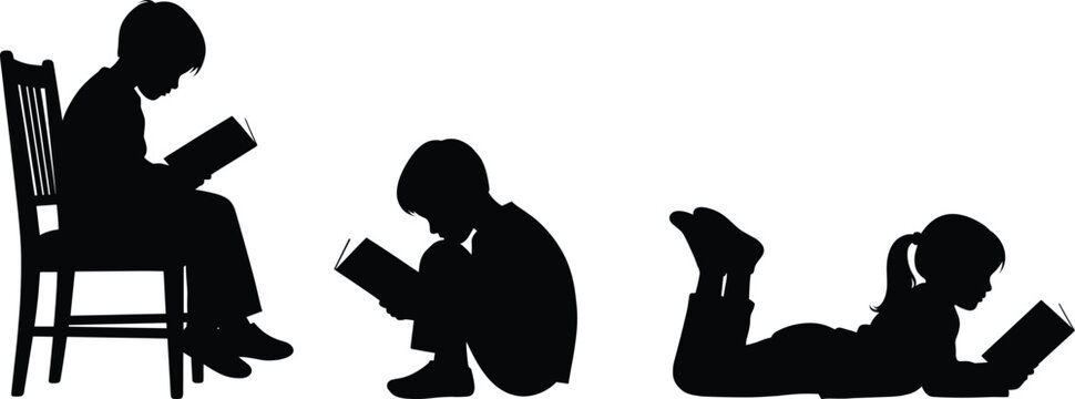 Black and white silhouettes of three children reading books in different positions, education and learning concept vector illustration for school and library