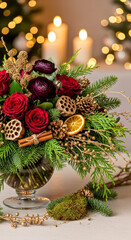Festive Floral Arrangement with Roses, Pine Cones, and Seasonal Decor in Glass Vase. Christmas floral arrangement combining eco-chic style with rich textures