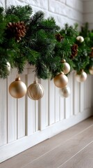 A garland adorned with shiny ornaments and pine cones decorates a fireplace mantle, creating a warm and inviting holiday atmosphere
