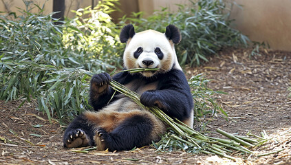 Obraz premium Giant panda eating bamboo in natural habitat