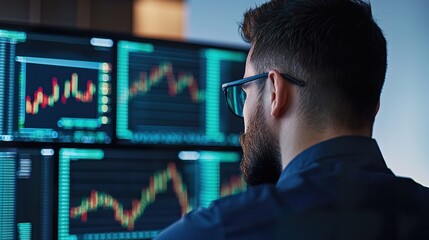 Young professional man working on financial models at a co-working space, focused, energetic 