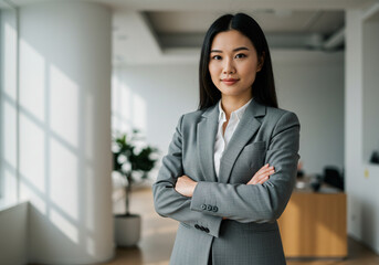 Confident businesswoman in a modern office confidently poses with arms crossed, radiating professionalism and success.