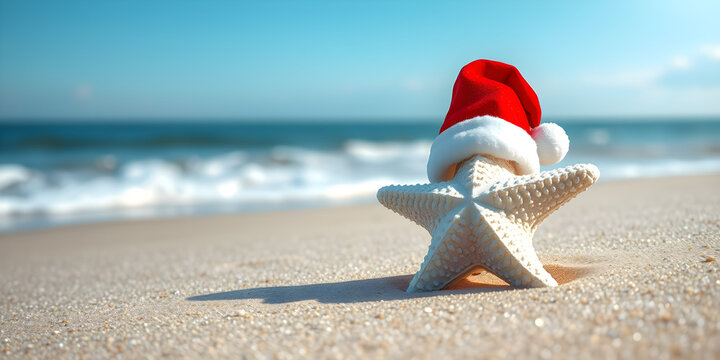 White sea star in red Santa Claus hat on the sandy beach of the sea close up. Theme of winter holidays by the sea