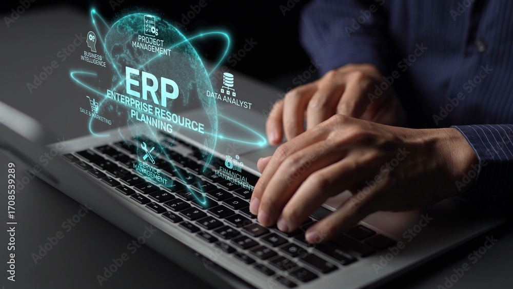 Poster erp platform visual showing centralized system for enterprise resource planning, improving integrati