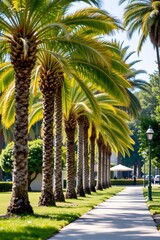 Palm trees in park, subject on right with ample left space, pastel style, luminous green tones, clear positioning, optimized for photo.