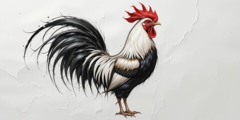 A Calligraphic Style Rooster Illustration with Flowing Brushstrokes, on a White Paper Textured Background