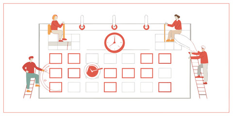 People working on a large calendar with a clock and important dates marked