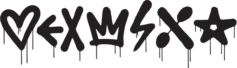 Bold black graffiti-style icons with heart, arrow, crown, lightning, star, and swirl, perfect for urban art and design projects.