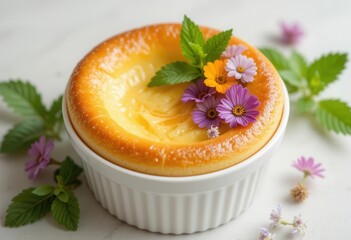 Floral Souffl? Art   Golden Souffl? Topped with Edible Flowers   Mint. White Ramekin.  Organic Beauty, Elegant Dessert.
