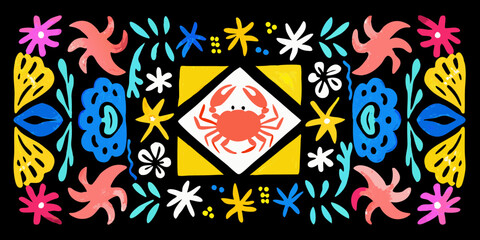 Vibrant abstract marine life pattern with a central crab and colorful sea creatures on black background