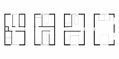 Four simplified architectural floor plan diagrams showing different room layouts and furniture arrangements