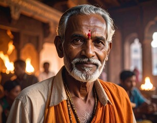 Generated image of an old Indian man with Hindu religious background.