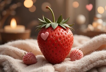 Strawberry with Knit Heart Accents in a Cozy, Minimalist Scene