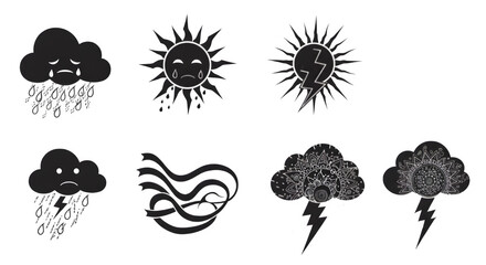 Weather and Nature Icons: Sun, Rain, Cloud, and Storm Illustrations