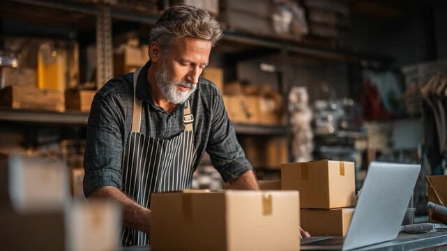 Online Retailer: A seasoned small business owner diligently manages his online retail operation, surrounded by meticulously packed parcels in a well-organized storage warehouse.