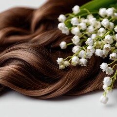Naklejka premium Luxurious brown hair with delicate lily of the valley blossoms