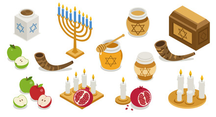 Jewish holiday elements with menorah, shofar, honey, apples, pomegranate, and…