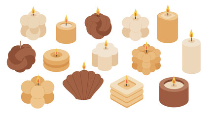 Trendy assorted candle collection in soft earth tones with minimalist design