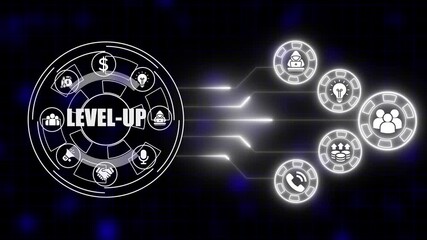 Level Up Business Growth Success Strategy Icons Financial Investment Idea Generation Teamwork Collaboration Marketing Promotion Digital Technology Futuristic Interface - Powered by Adobe