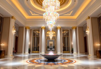 Grand Lobby: Opulent Chandelier and Marble Fountain