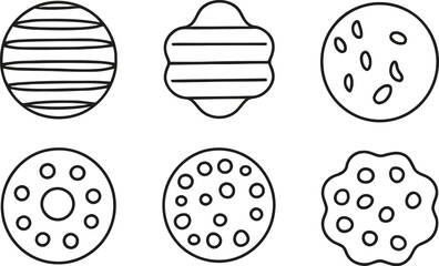 Six hand drawn easter eggs and cookies with simple patterns