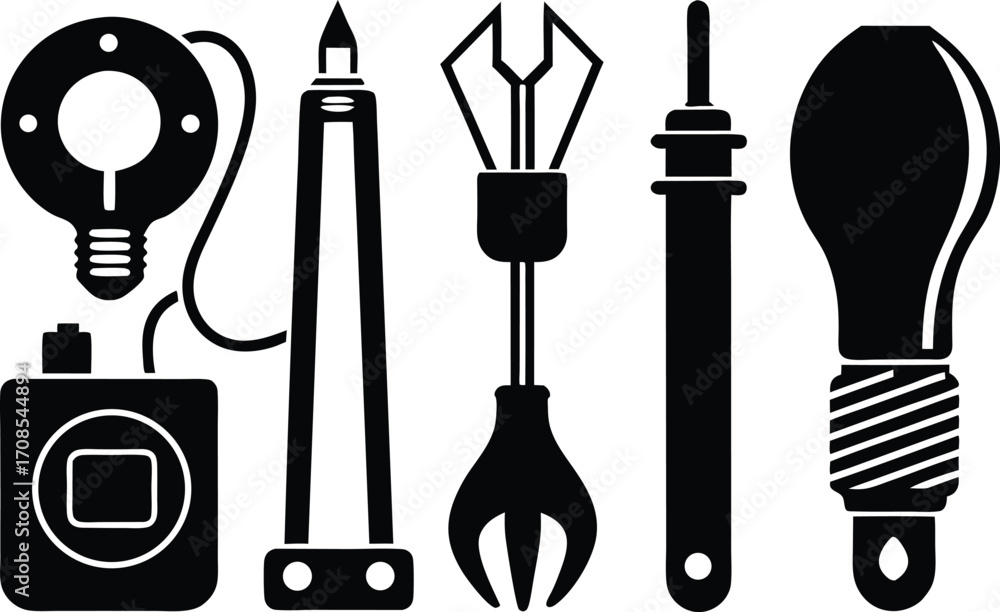 Poster electrician tools and components vector illustration set for design projects