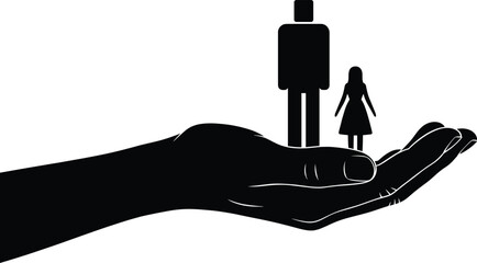Black silhouette of human hand holding male and female figures, symbolizing protection, care, safety, and support in vector illustration design