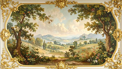 Scenic landscape mural painting with ornate gold frame on white wall