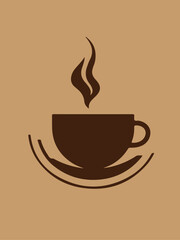 A stylized brown graphic of a steaming cup of coffee or tea on a saucer, set against a tan background.