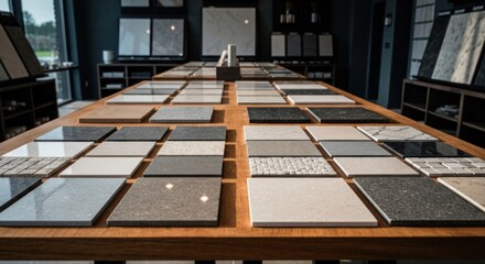Large display table showcasing various stone tiles