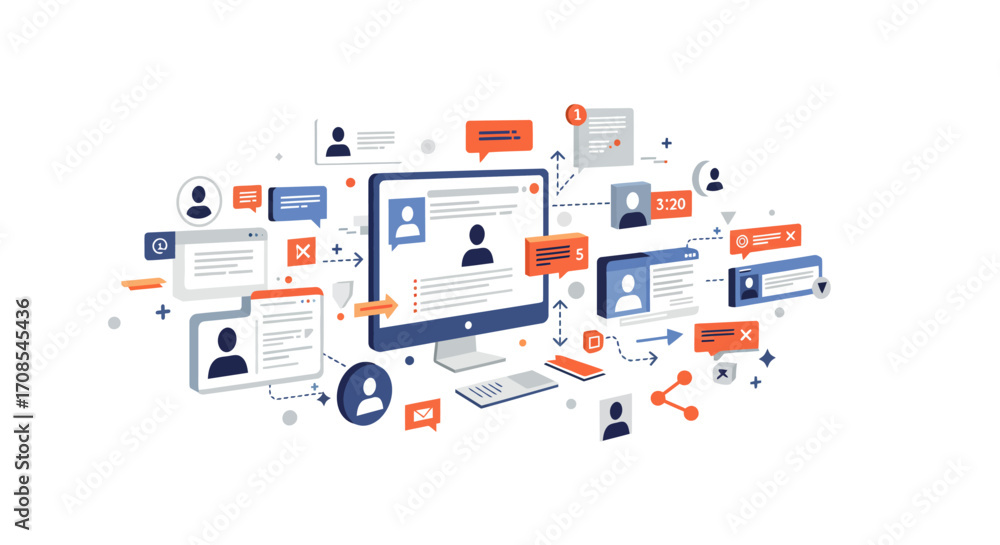 Poster digital communication concept with online profiles and messages in isometric…