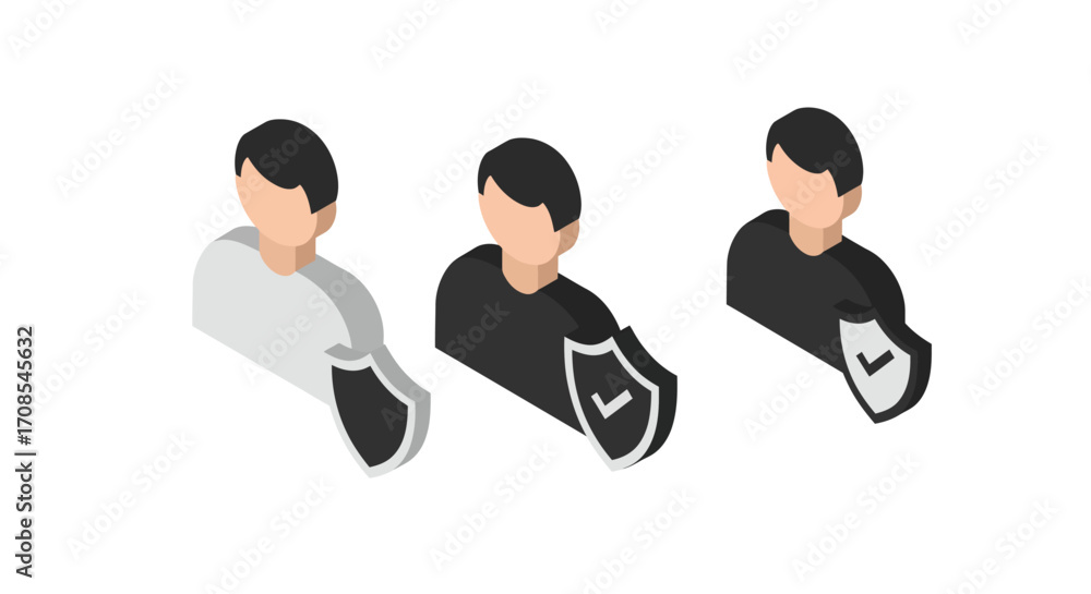 Poster isometric security guard icons with shield in three versions