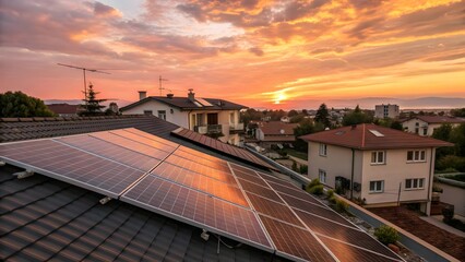 Solar Power at Sunset: A vibrant photograph capturing the energy transition, showcasing a house roof covered in solar panels during a beautiful sunset.