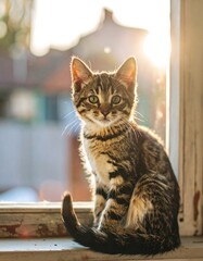 Cute tabby kitten sits on a windowsill, bathed in sunlight