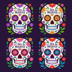 Dia de Muertos sticker sheet, sugar skull badges, floral borders, frame style, celebration labels collection, vector templates