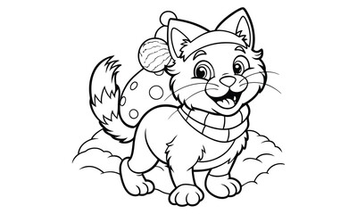 Snowball Cat, kids line art doodle pattern design t shirt design silhouette and vector, detailed illustration, perfect for relaxation, stress relief, adult coloring books, printable art therapy.