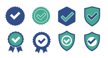 Set of flat check mark symbols in blue and green badge and shield designs