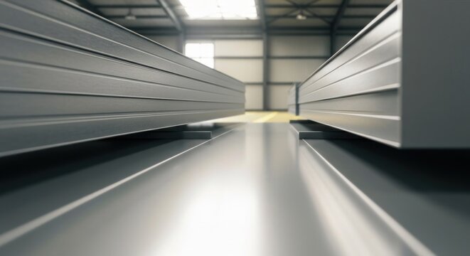 Metal beams in a large industrial warehouse.  Perspective creates a sense of depth and scale