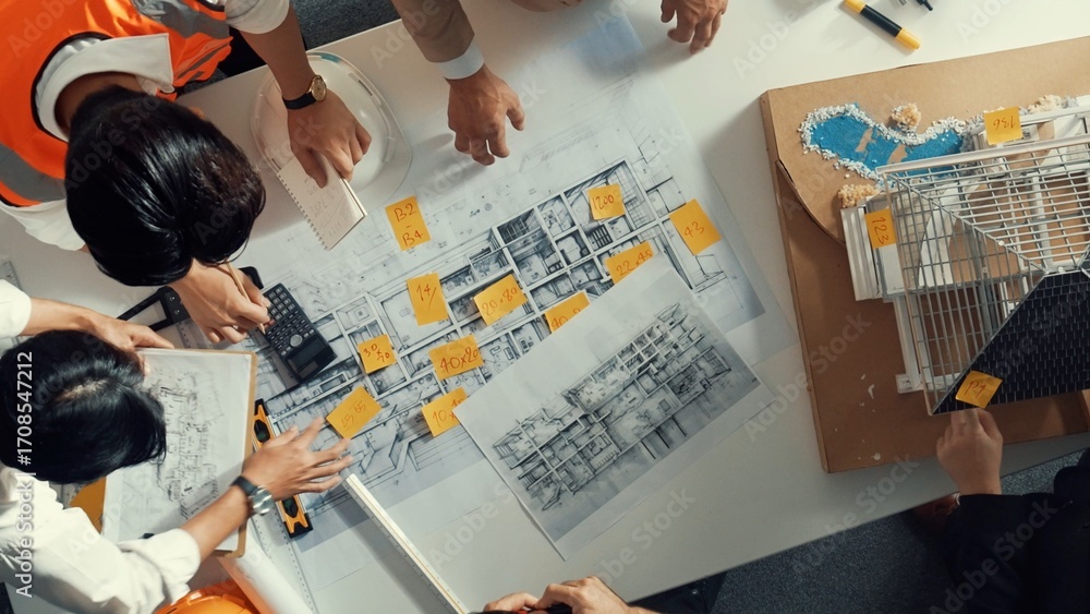 Aufkleber time lapse of smart architect engineer writing building structure idea on note and stick on blueprin