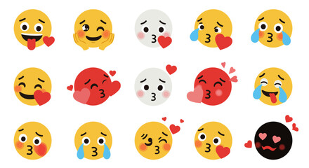 Colorful emoji set featuring heart, kiss, and teary expressions in flat design