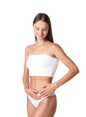 Fototapeta premium Woman with flat belly on white background