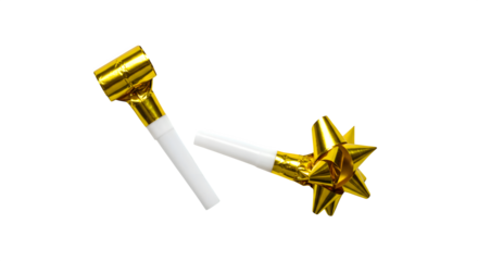 Golden party horns glow against black. Use it for event posters, greeting cards, and holiday promotions.