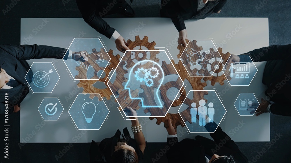 Poster a group of business professionals engages in a collaborative session around a table, using gears and