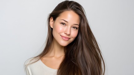 Young woman with flowing hair smiles gently, radiating warmth and serenity in a softly lit setting that enhances her features