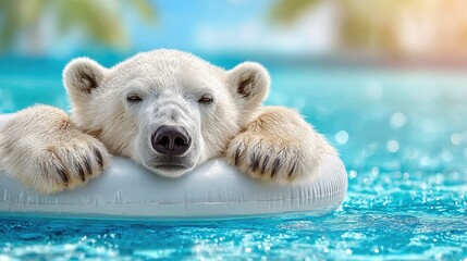 Relaxed polar bear lying on inflatable swim ring in tropical water